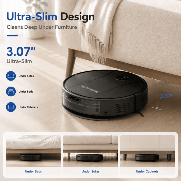 PrettyCare C2-v2 Robot Vacuum and Mop Combo Cleaner, 3-in-1, 8000Pa Suction, 5200mAh Battery, Black